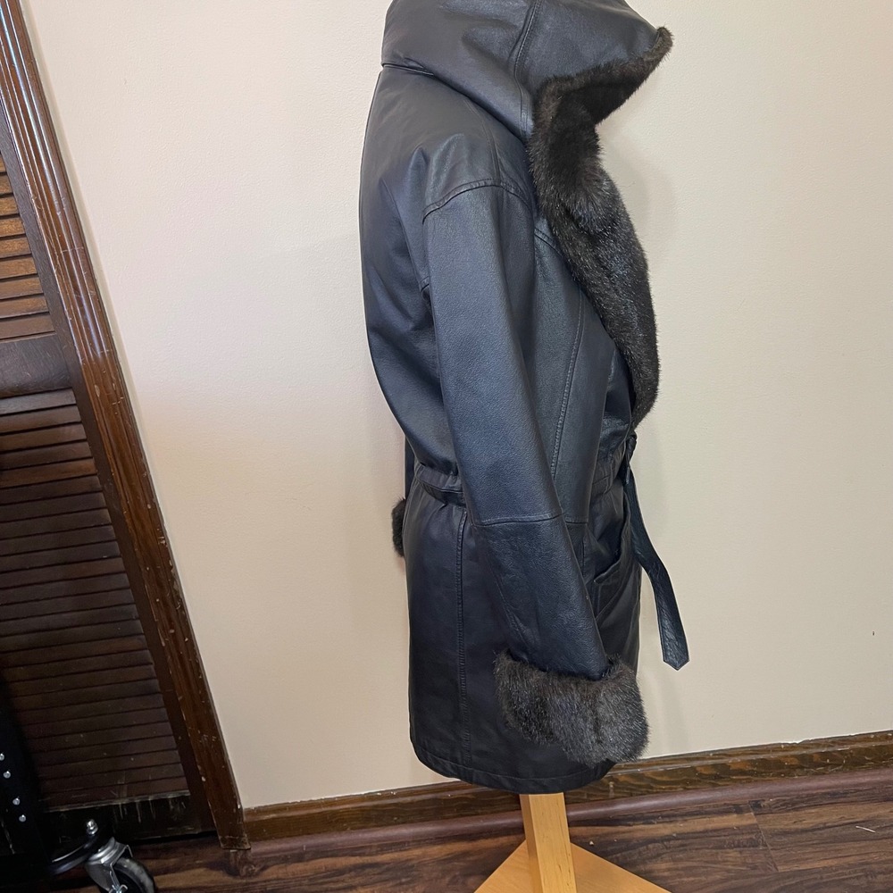 G III Leather Fur Trim Hooded Coat Jacket Black Belted Women's Size S - Picture 6 of 12